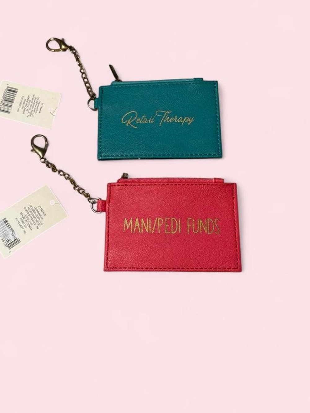 Teal and Pink Card Pouch Keychains with Gold Script